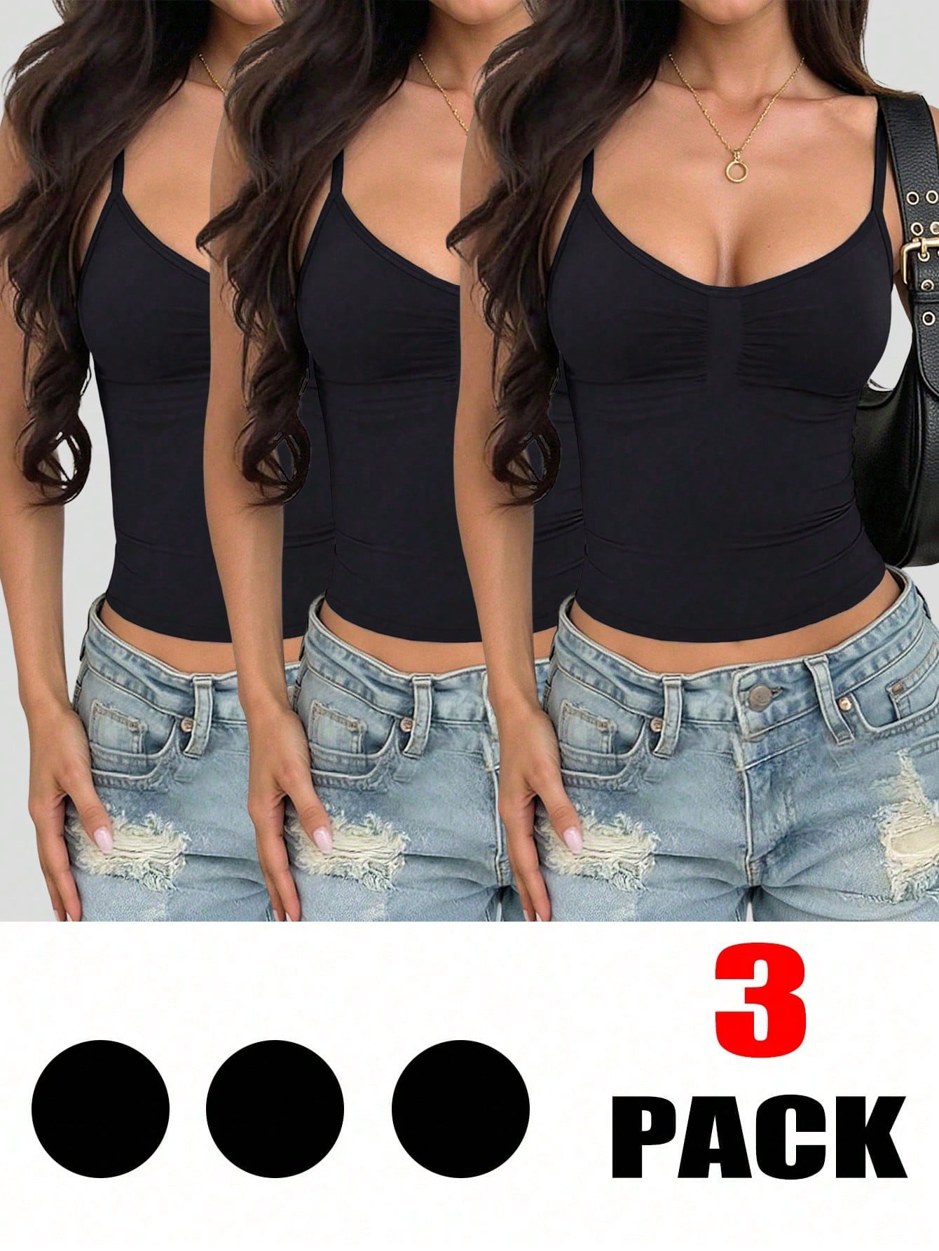 INAWLY 3pcs/Set Women's Solid Color Pleated Fitted Casual Camisole Tops
