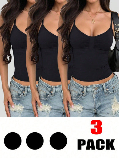 INAWLY 3pcs/Set Women's Solid Color Pleated Fitted Casual Camisole Tops