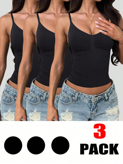 INAWLY 3pcs/Set Women's Solid Color Pleated Fitted Casual Camisole Tops