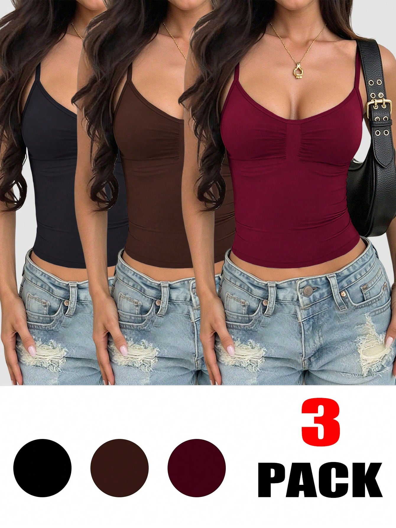 INAWLY 3pcs/Set Women's Solid Color Pleated Fitted Casual Camisole Tops