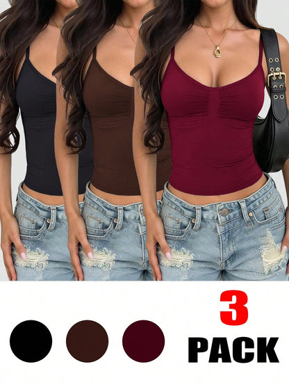 INAWLY 3pcs/Set Women's Solid Color Pleated Fitted Casual Camisole Tops