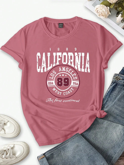 INAWLY Casual Vintage 1889 California Slogan Fitted Women's T-Shirt, Summer