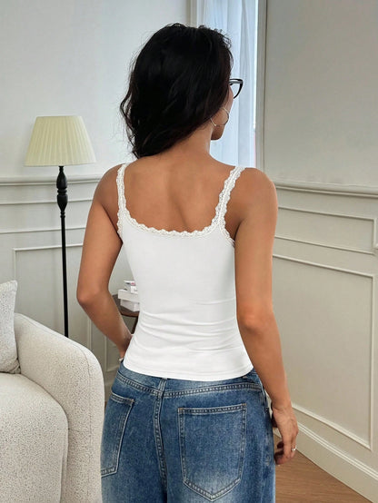 INAWLY Contrast Lace Trim Solid Color Tank Top