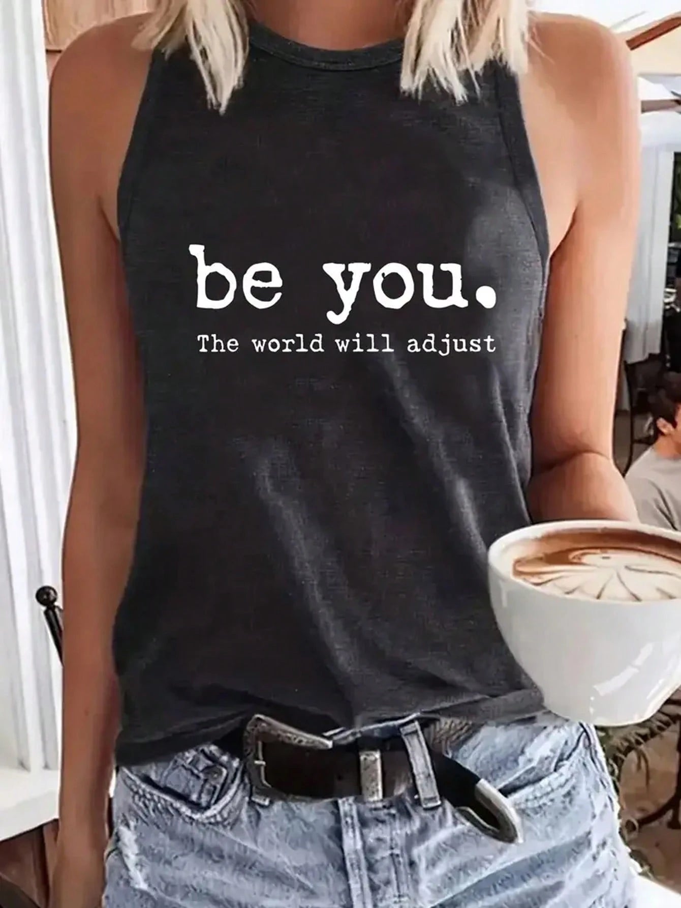 INAWLY Letter Print Grey Round Neck Casual Tank Top, Summer