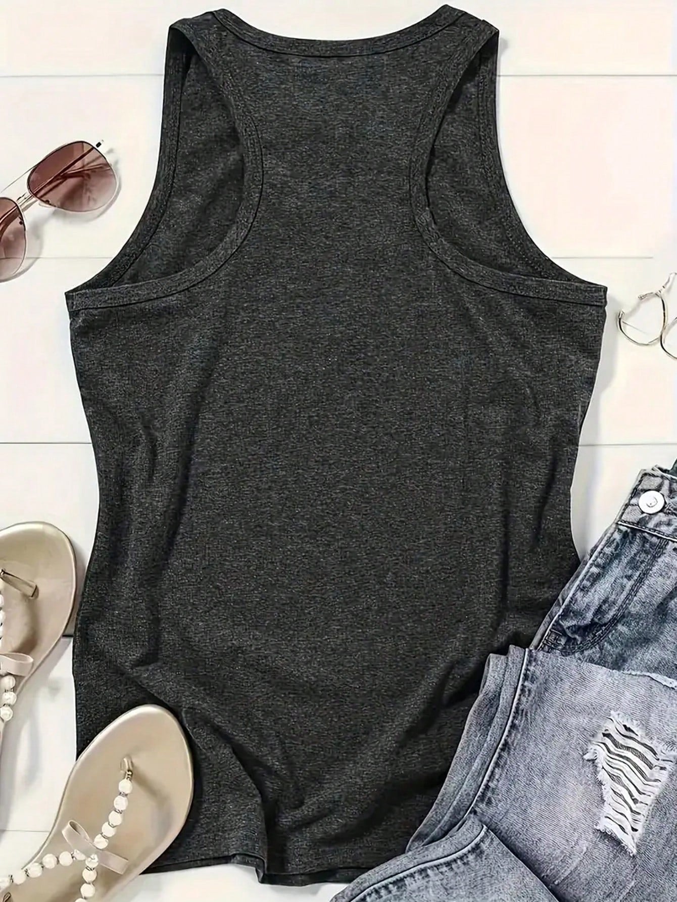 INAWLY Letter Print Grey Round Neck Casual Tank Top, Summer