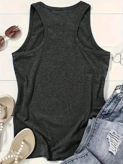 INAWLY Letter Print Grey Round Neck Casual Tank Top, Summer