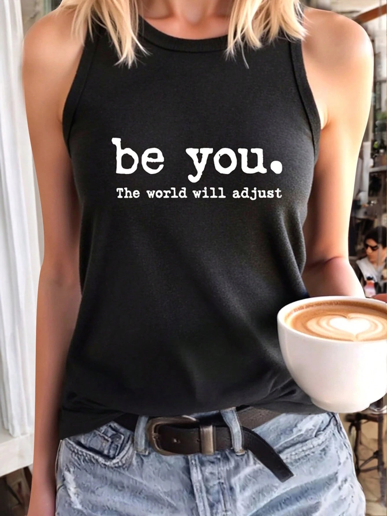 INAWLY Letter Print Grey Round Neck Casual Tank Top, Summer