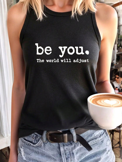 INAWLY Letter Print Grey Round Neck Casual Tank Top, Summer