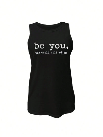INAWLY Letter Print Grey Round Neck Casual Tank Top, Summer