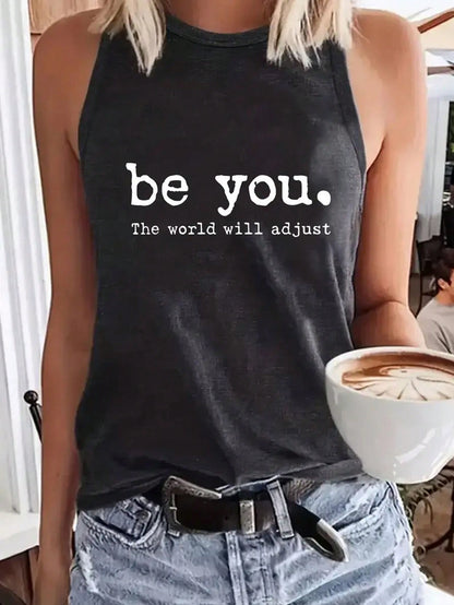 INAWLY Letter Print Grey Round Neck Casual Tank Top, Summer