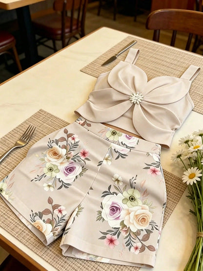 INAWLY Metal Flower Decor Casual Tank Top And Floral Print Shorts Set, Summer Fashion