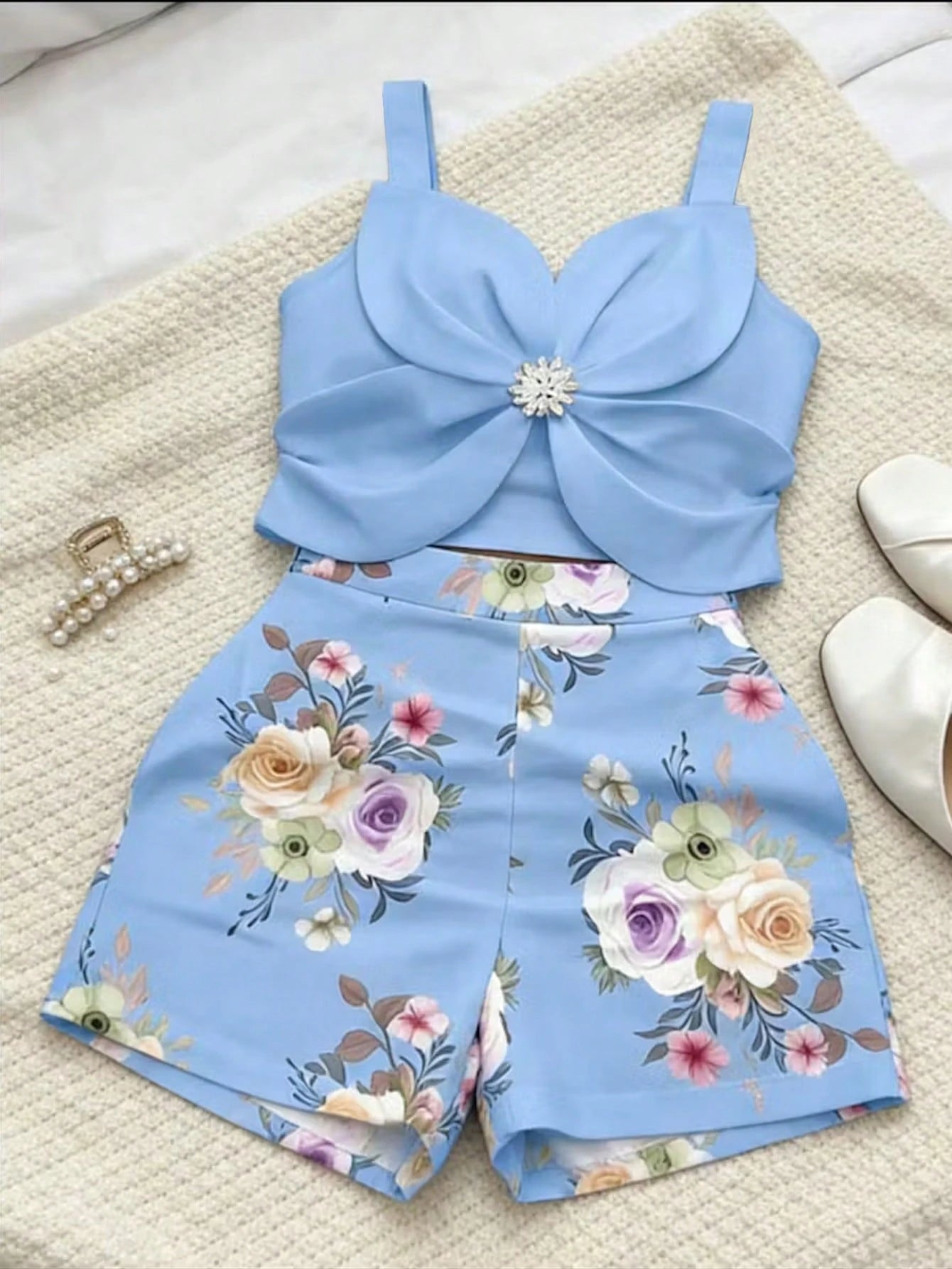 INAWLY Metal Flower Decor Casual Tank Top And Floral Print Shorts Set, Summer Fashion