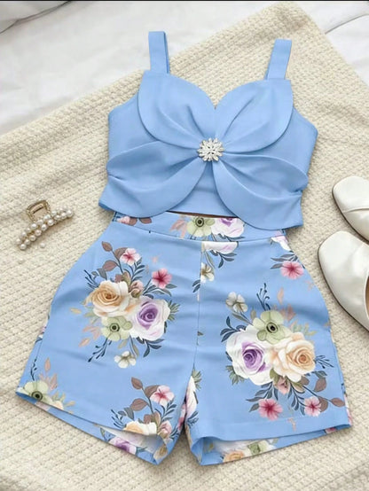 INAWLY Metal Flower Decor Casual Tank Top And Floral Print Shorts Set, Summer Fashion