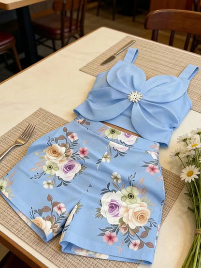 INAWLY Metal Flower Decor Casual Tank Top And Floral Print Shorts Set, Summer Fashion