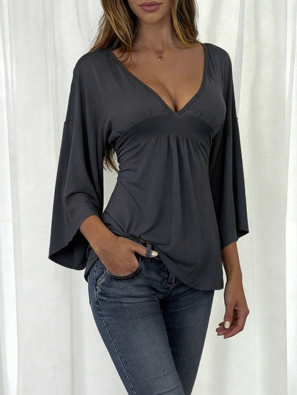 INAWLY Solva Women's Casual Sexy Minimalist Solid Color Deep V-Neck Flare Sleeve Fitted Top, Spring/Autumn
