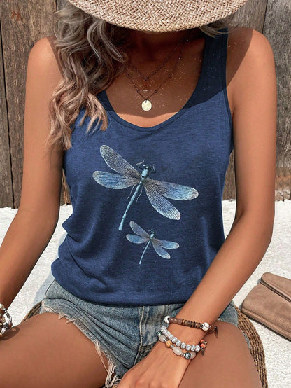 INAWLY Women Dragonfly Pattern Sleeveless Simple Casual Tank Top For Everyday