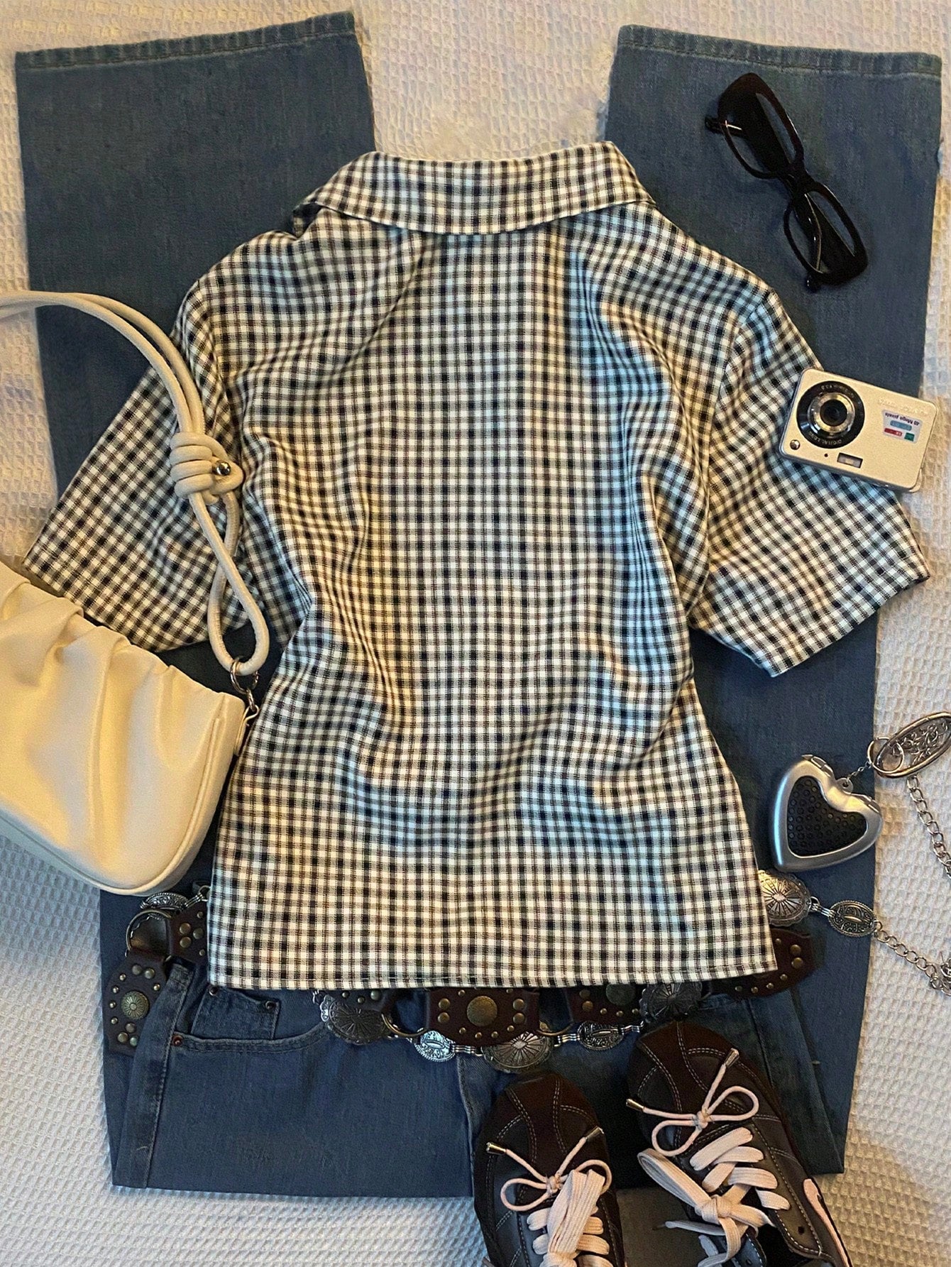 INAWLY Women's Casual Black And White Plaid Summer Blouse,Polo Collar Design,90s Retro School Back-To-School Season Short-Sleeved Comfortable Top Gift