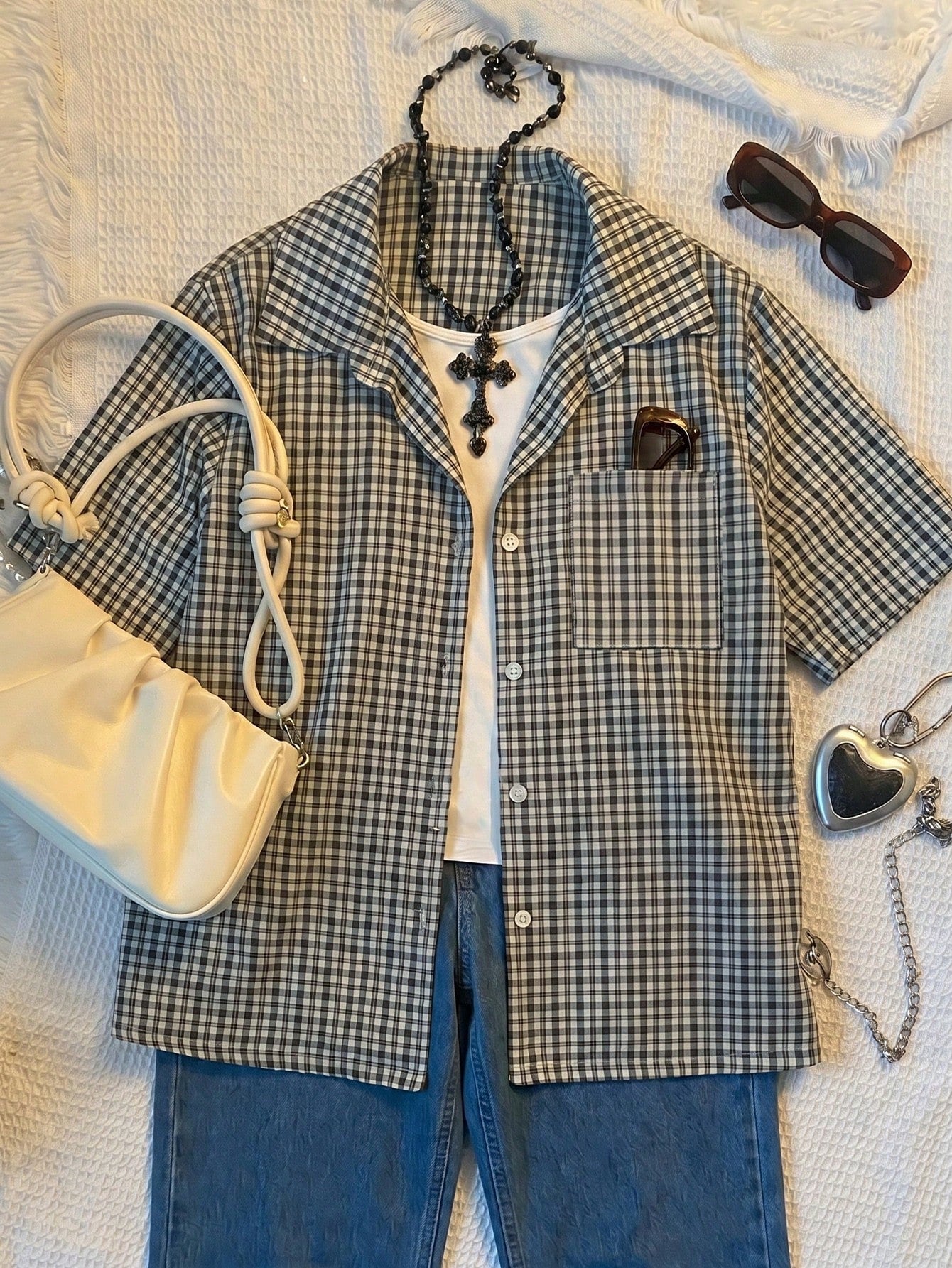 INAWLY Women's Casual Black And White Plaid Summer Blouse,Polo Collar Design,90s Retro School Back-To-School Season Short-Sleeved Comfortable Top Gift