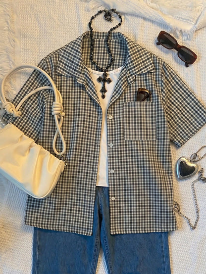 INAWLY Women's Casual Black And White Plaid Summer Blouse,Polo Collar Design,90s Retro School Back-To-School Season Short-Sleeved Comfortable Top Gift