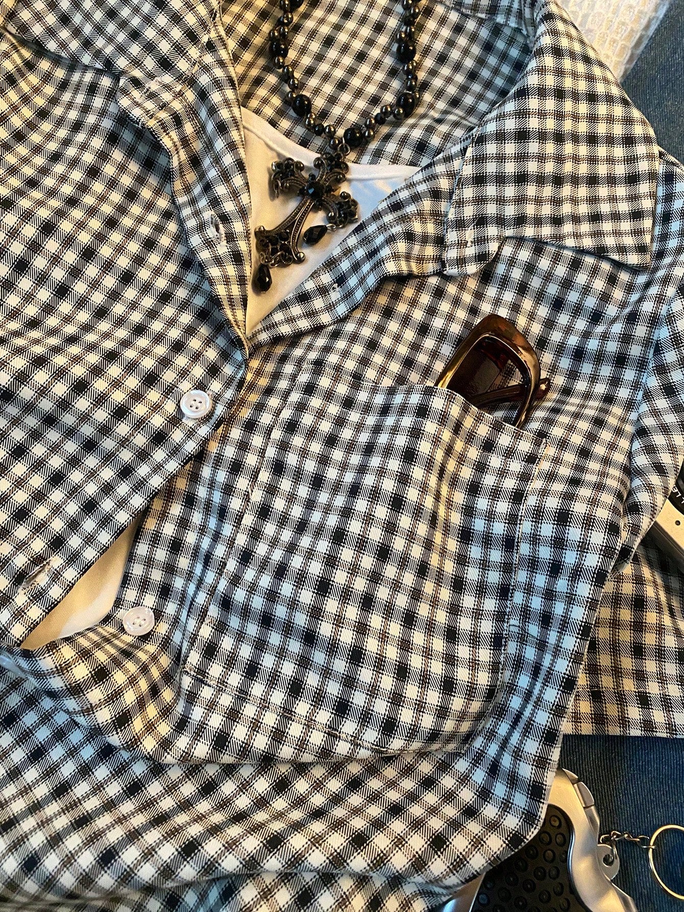 INAWLY Women's Casual Black And White Plaid Summer Blouse,Polo Collar Design,90s Retro School Back-To-School Season Short-Sleeved Comfortable Top Gift