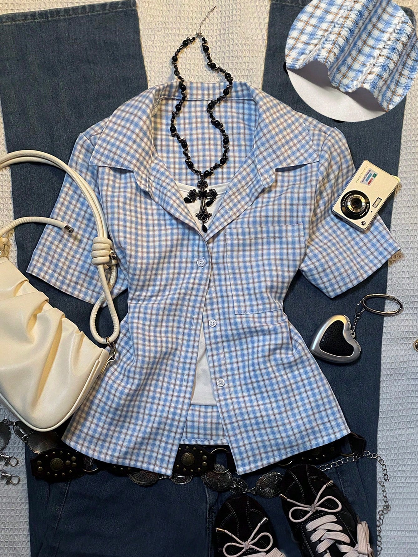 INAWLY Women's Casual Black And White Plaid Summer Blouse,Polo Collar Design,90s Retro School Back-To-School Season Short-Sleeved Comfortable Top Gift