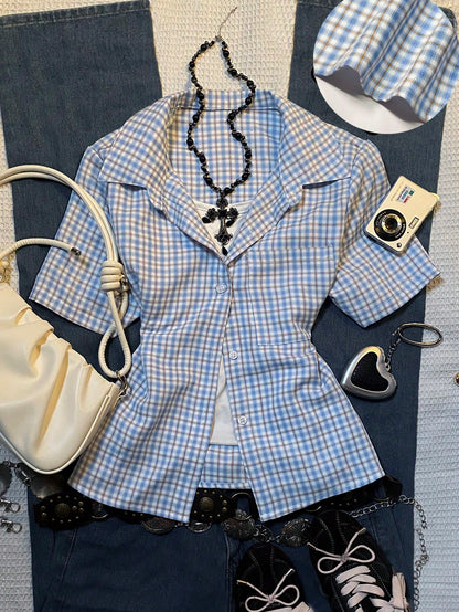 INAWLY Women's Casual Black And White Plaid Summer Blouse,Polo Collar Design,90s Retro School Back-To-School Season Short-Sleeved Comfortable Top Gift