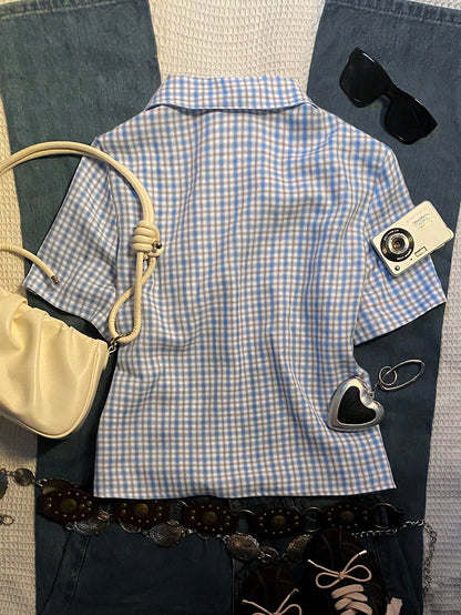 INAWLY Women's Casual Black And White Plaid Summer Blouse,Polo Collar Design,90s Retro School Back-To-School Season Short-Sleeved Comfortable Top Gift