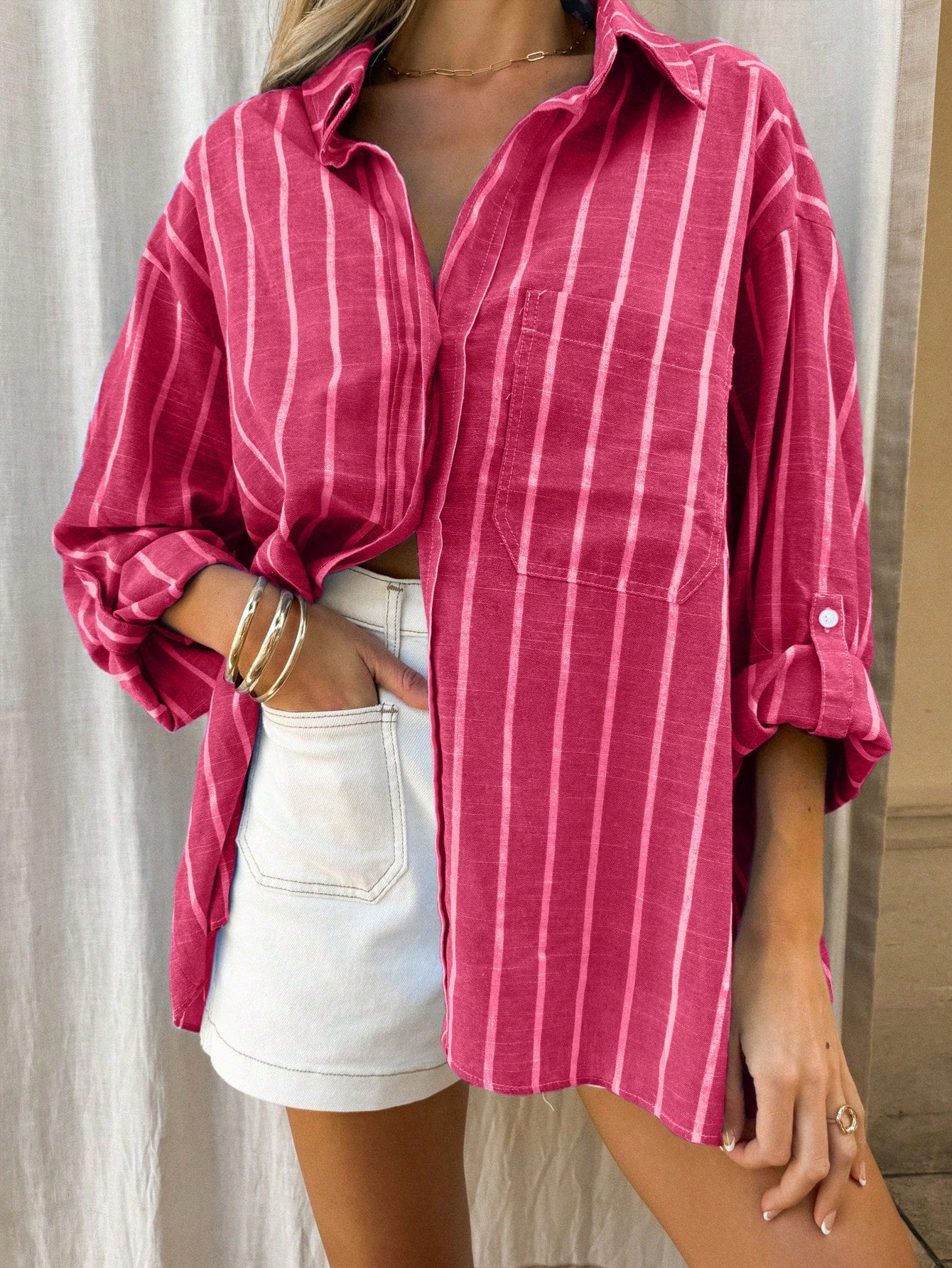 INAWLY Women's Casual Commuting Striped Button-Up Long Sleeve Shirt