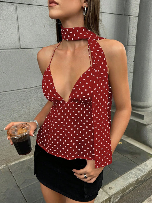 INAWLY Women's Elegant Red And White Polka Dot Halter Neck Top,90s Retro Backless Straps Slim Fit Tank,Summer Night Out Party Vintage Body Inclusive