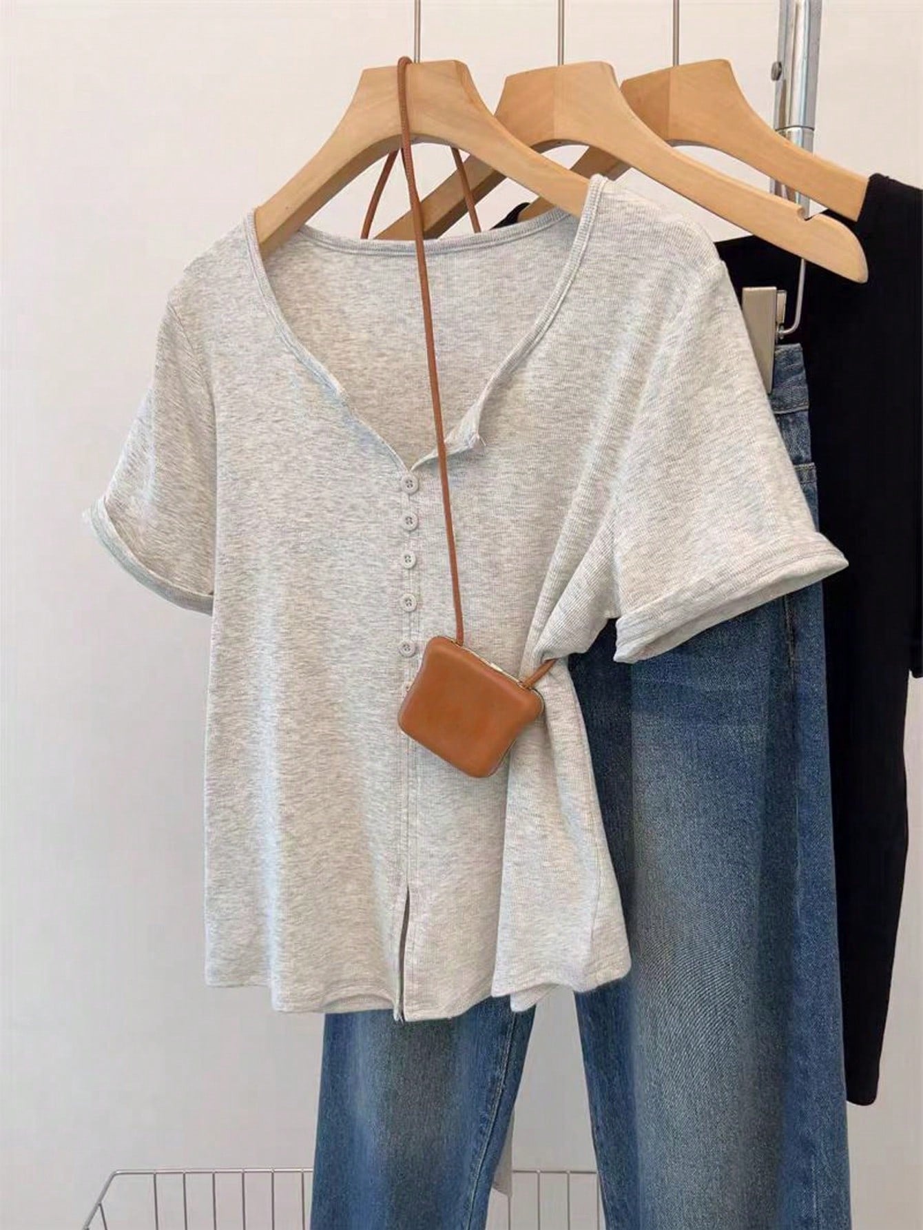INAWLY Women's Fashion Gray Summer Casual Everyday Retro Minimalist Mori Girl & Commuter Button Short Sleeve T-Shirt,Pear Shape Apple Shape Friendly