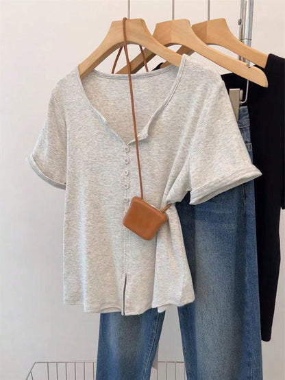 INAWLY Women's Fashion Gray Summer Casual Everyday Retro Minimalist Mori Girl & Commuter Button Short Sleeve T-Shirt,Pear Shape Apple Shape Friendly
