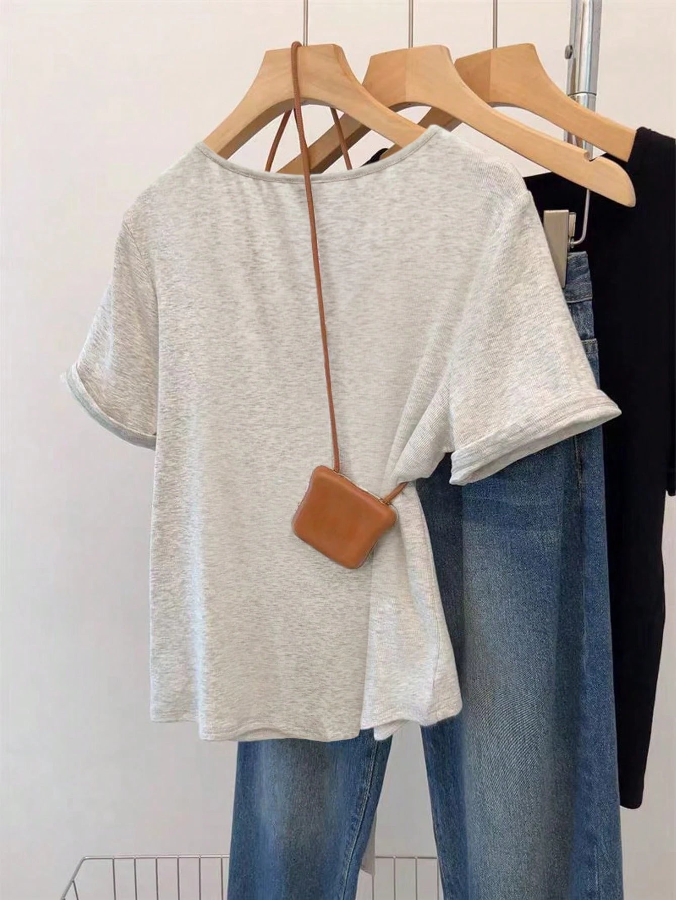 INAWLY Women's Fashion Gray Summer Casual Everyday Retro Minimalist Mori Girl & Commuter Button Short Sleeve T-Shirt,Pear Shape Apple Shape Friendly