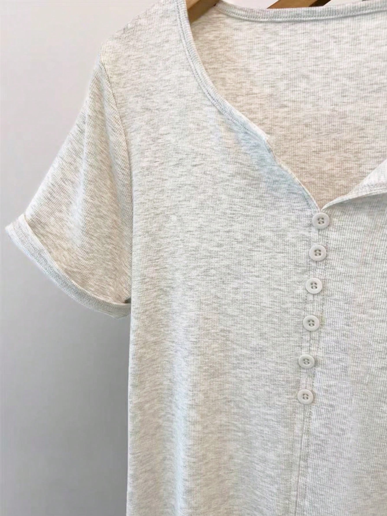 INAWLY Women's Fashion Gray Summer Casual Everyday Retro Minimalist Mori Girl & Commuter Button Short Sleeve T-Shirt,Pear Shape Apple Shape Friendly