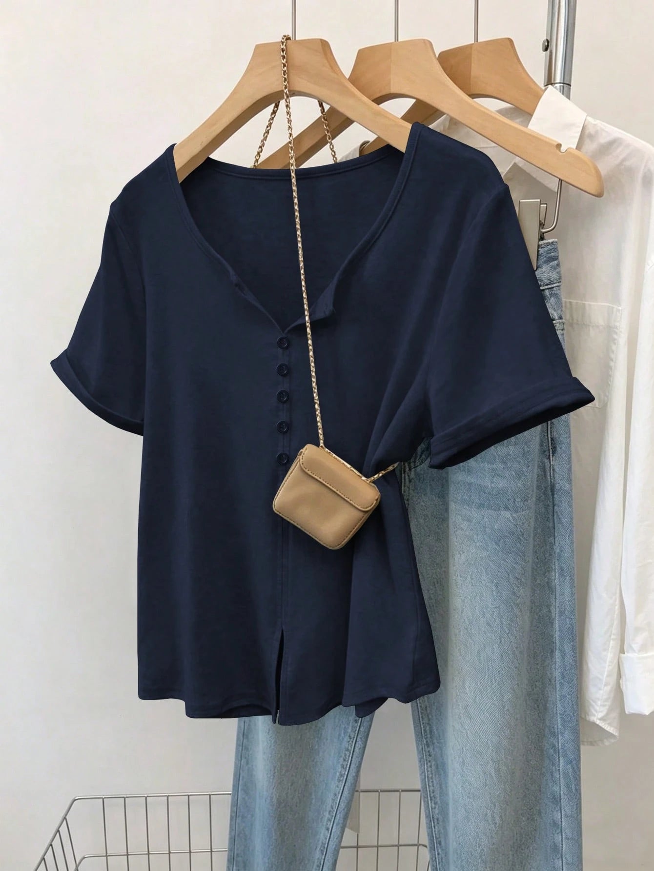 INAWLY Women's Fashion Gray Summer Casual Everyday Retro Minimalist Mori Girl & Commuter Button Short Sleeve T-Shirt,Pear Shape Apple Shape Friendly