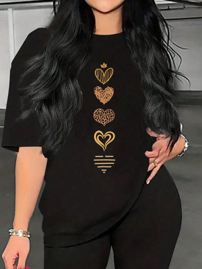 INAWLY Women's Heart Print Short Sleeve T-Shirt Graphic Tees Women Tops