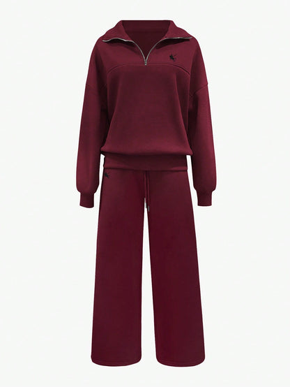 INAWLY Women's Knight Embroidery Zip-Up Casual Hoodie And Loose Pants Set