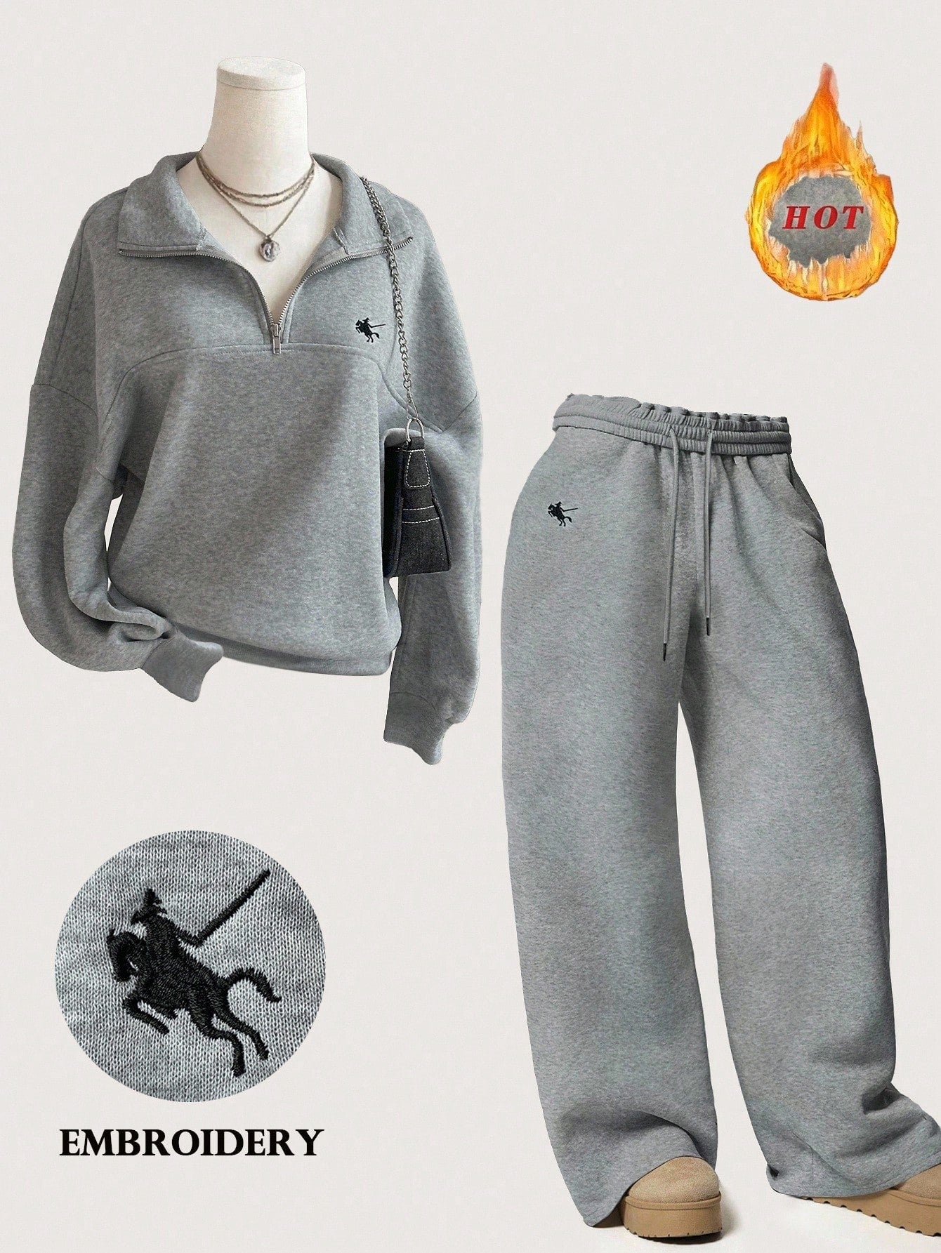 INAWLY Women's Knight Embroidery Zip-Up Casual Hoodie And Loose Pants Set