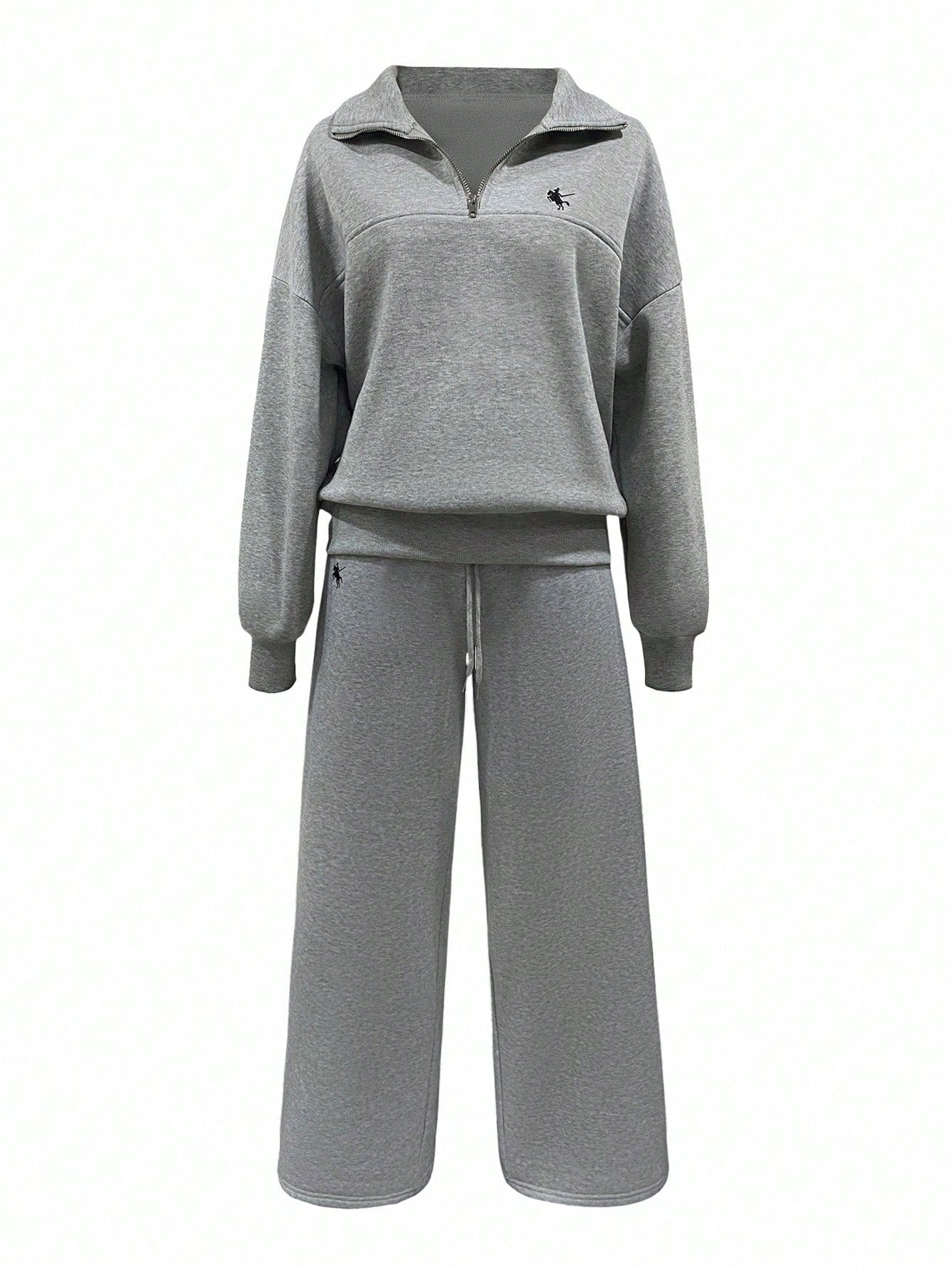 INAWLY Women's Knight Embroidery Zip-Up Casual Hoodie And Loose Pants Set