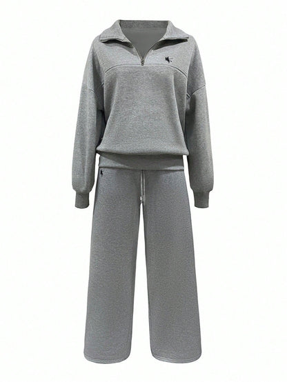INAWLY Women's Knight Embroidery Zip-Up Casual Hoodie And Loose Pants Set