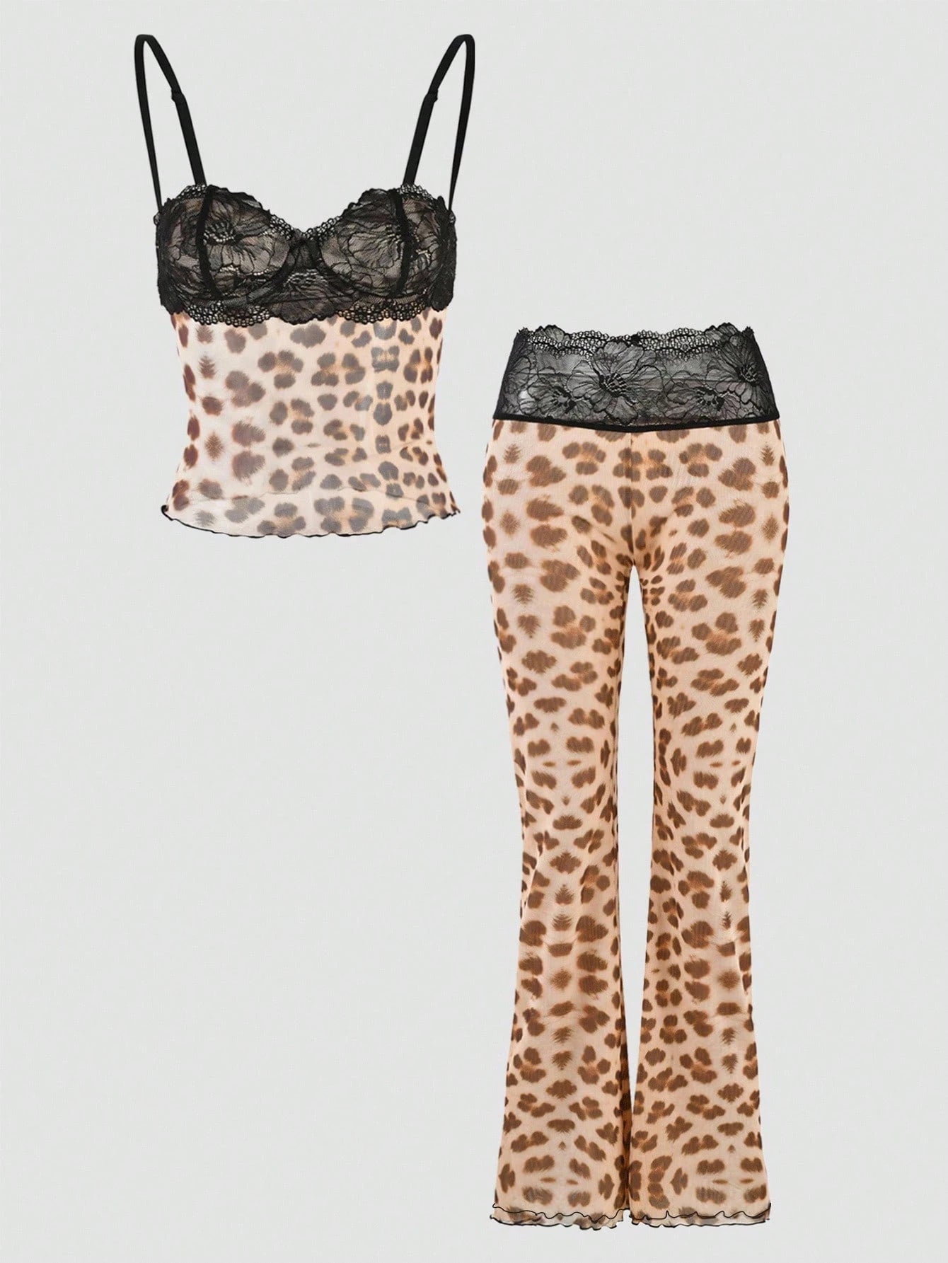 INAWLY Women's Leopard Print Lace Panel Cami Top With Elastic Waist Ankle Pants, Spring New Arrival
