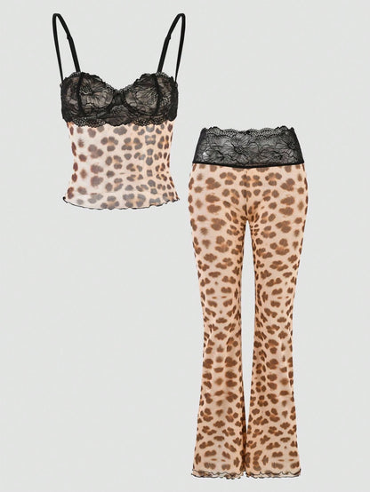 INAWLY Women's Leopard Print Lace Panel Cami Top With Elastic Waist Ankle Pants, Spring New Arrival