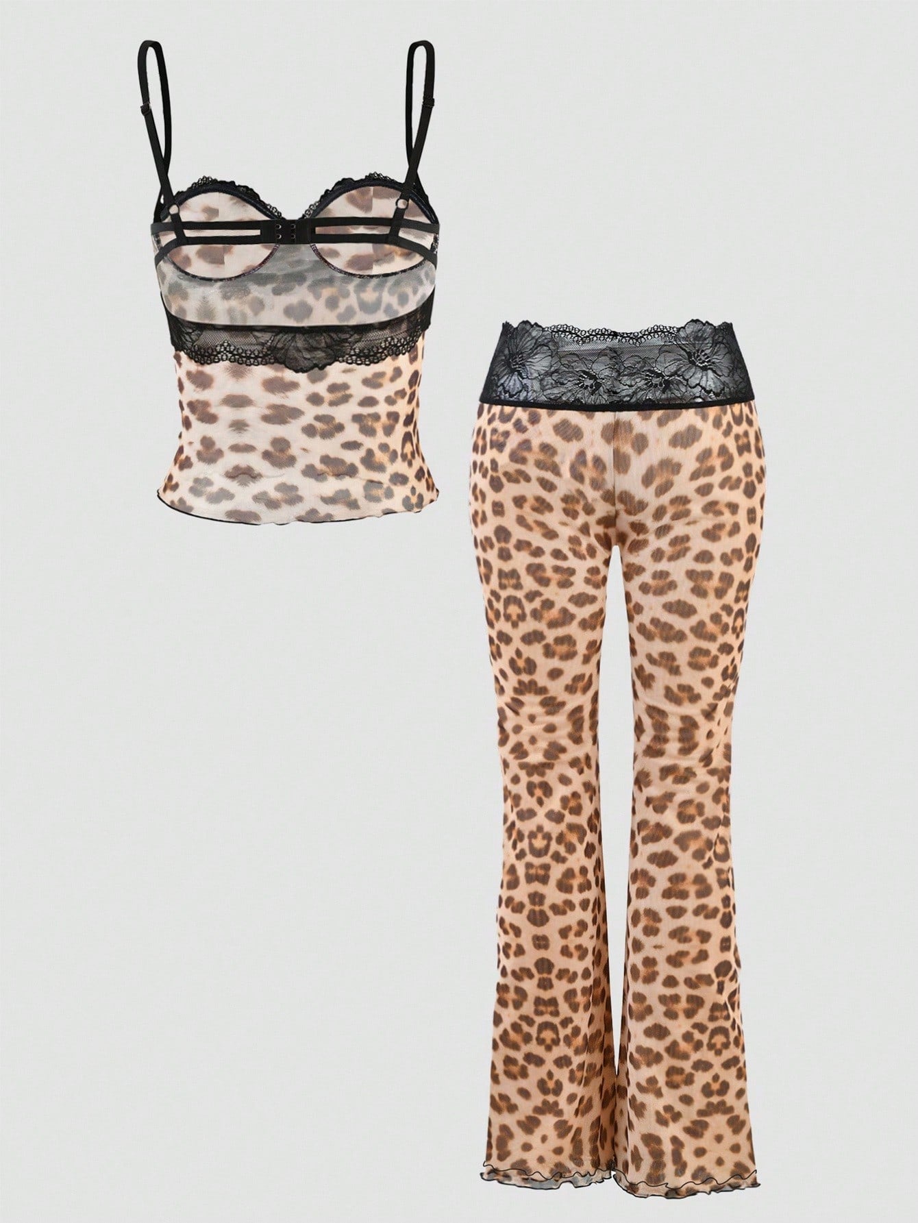 INAWLY Women's Leopard Print Lace Panel Cami Top With Elastic Waist Ankle Pants, Spring New Arrival