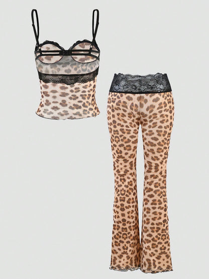 INAWLY Women's Leopard Print Lace Panel Cami Top With Elastic Waist Ankle Pants, Spring New Arrival