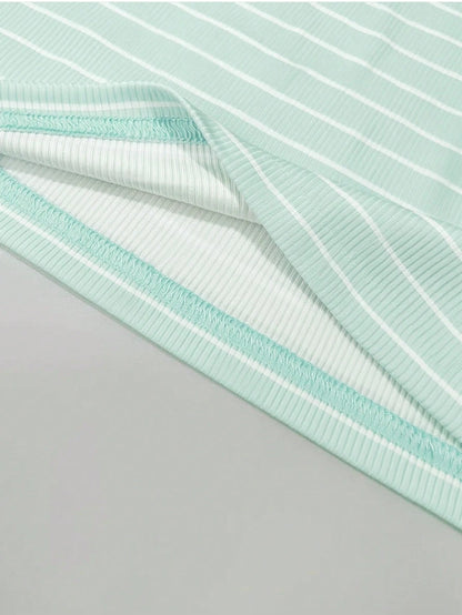 INAWLY Women's Mint Green Summer Casual Everyday T-Shirt,Sweet Striped Print V-Neck Contrast Lace Short Sleeve Ruched Top,Versatile Cute Girl Daily Wear