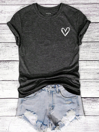 INAWLY Women's Round Neck Heart Print Short Sleeve Casual And Fashion Regular T-Shirt