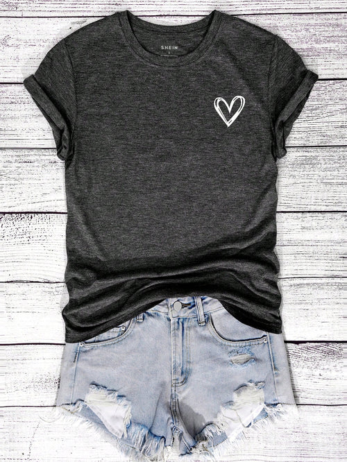 INAWLY Women's Round Neck Heart Print Short Sleeve Casual And Fashion Regular T-Shirt