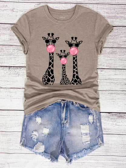 INAWLY Women's Round Neck Heart Print Short Sleeve Casual And Fashion Regular T-Shirt