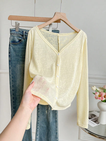 INAWLY Women's Solid Color Sheer Single-Breasted Long Sleeve Sun Protection Knit Cardigan