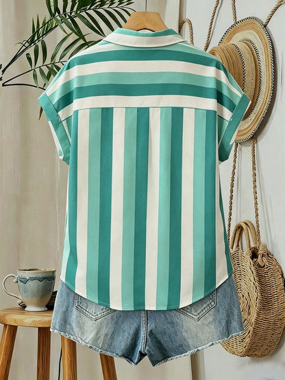 INAWLY Women's Striped Patchwork Single-Breasted Casual Versatile Daily Wear Shirt