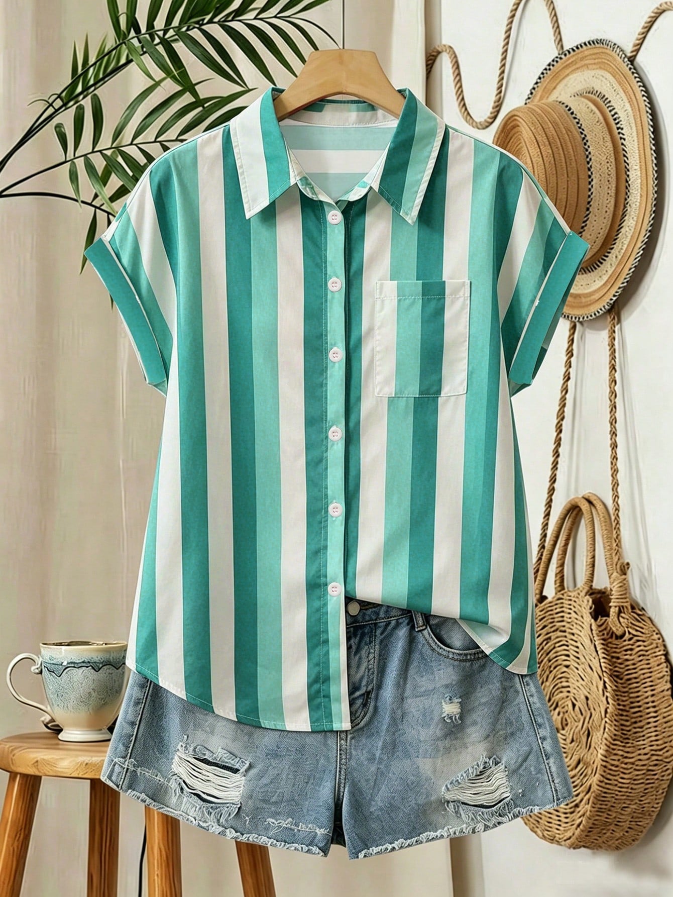 INAWLY Women's Striped Patchwork Single-Breasted Casual Versatile Daily Wear Shirt